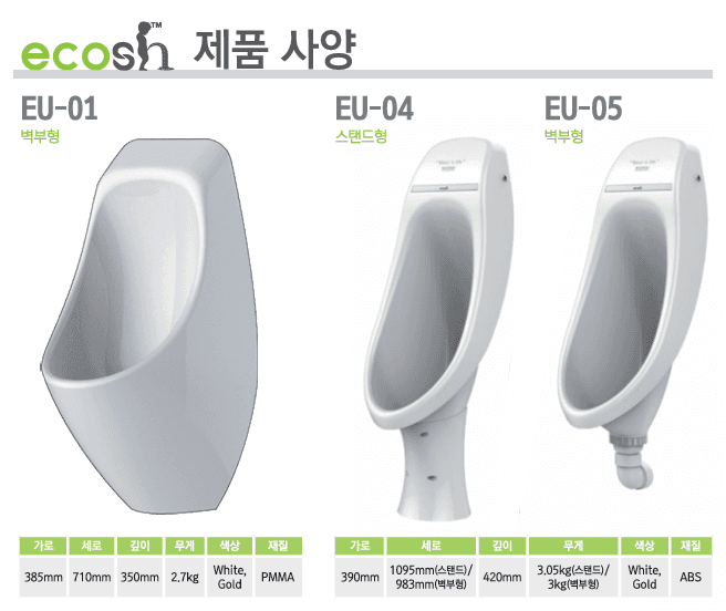 에코쉬 무수소변기 모델 EU-01, EU-04, EU-05